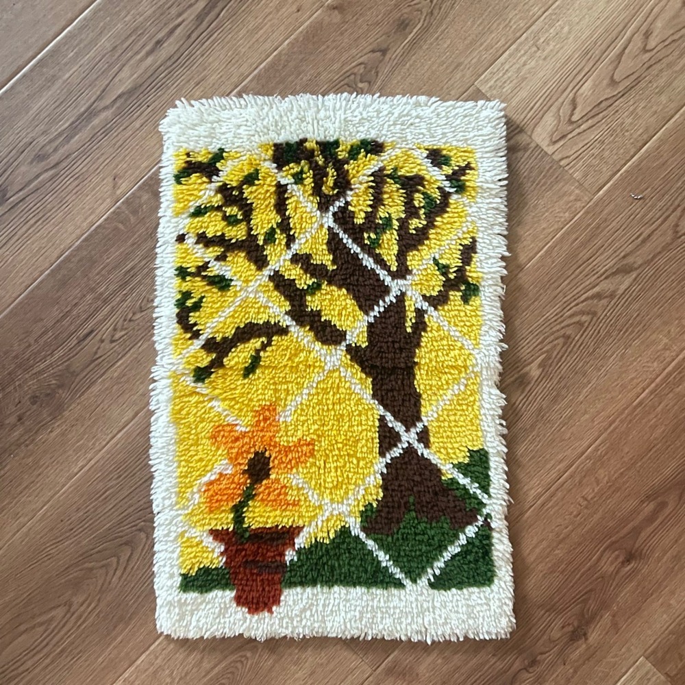 Vintage Latch Hook Wall Hanging Tree Orange Flower Yellow Wool Yarn 60s 70s